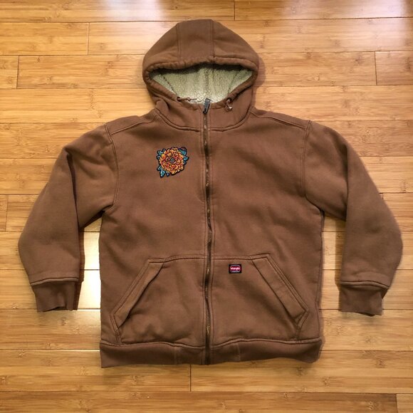 Wrangler Tan M/L Sherpa lined Hoodie w/ Marigold Patch warm outdoors - Picture 1 of 7